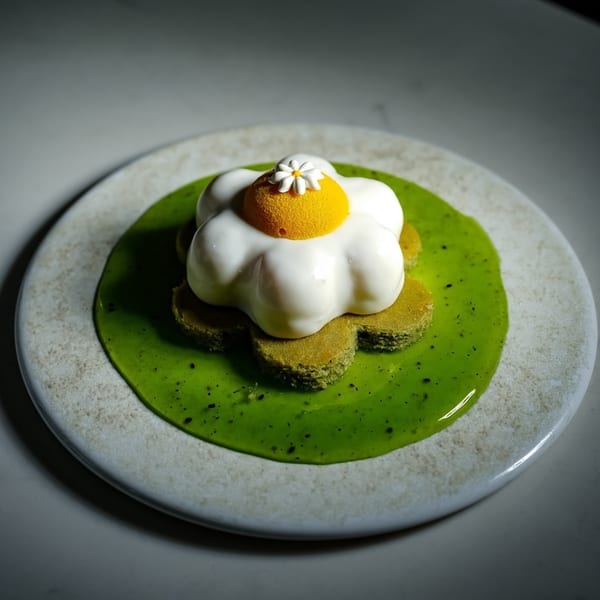 A flower-shaped dessert with white petals, a yellow center, and a small white flower on top, on a green sauce.