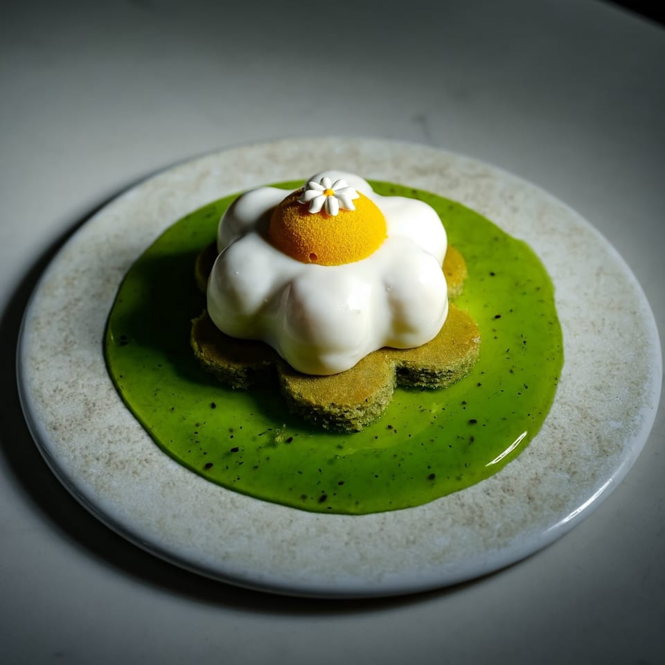 A flower-shaped dessert with white petals, a yellow center, and a small white flower on top, on a green sauce.