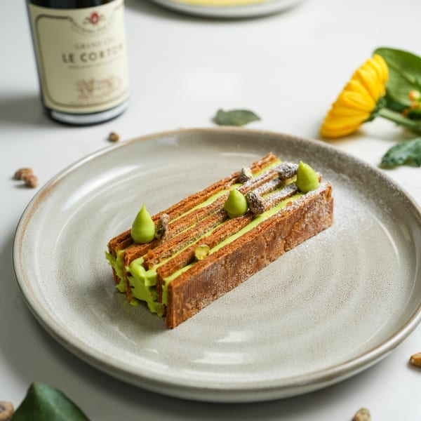 A rectangular Italian dessert with green cream filling and toppings, dusted with powdered sugar on a plate.