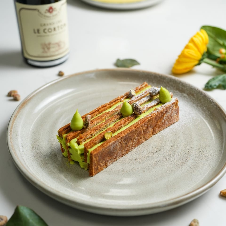 A rectangular Italian dessert with green cream filling and toppings, dusted with powdered sugar on a plate.